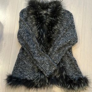 Luxury fox fur trim merino wool cardigan